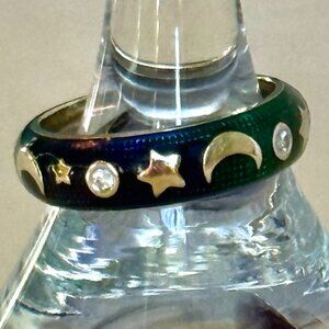 💋Hidalgo 18K Gold Diamonds Moons Stars | Blue Enamel Celestial Band | Size 6.25